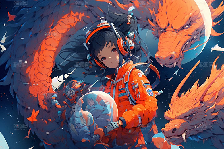 龙宇航员航空十二生肖插画