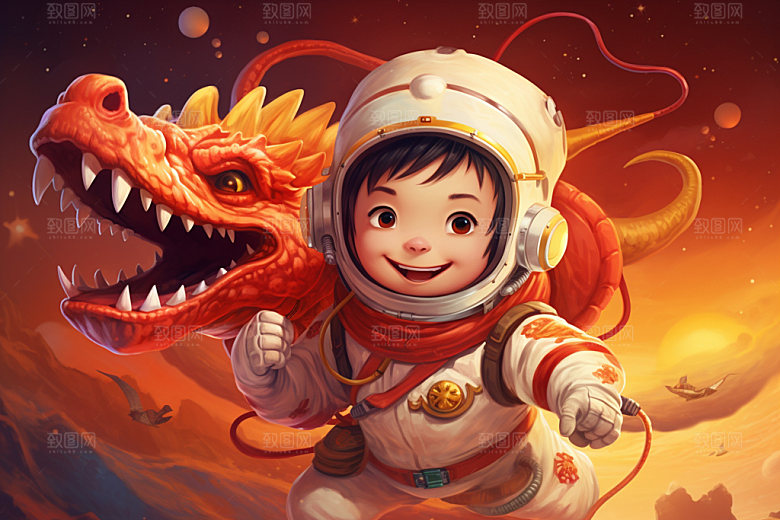 龙宇航员卡通科技插画