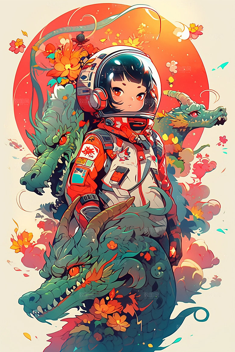 龙宇航员龙年帅气插画