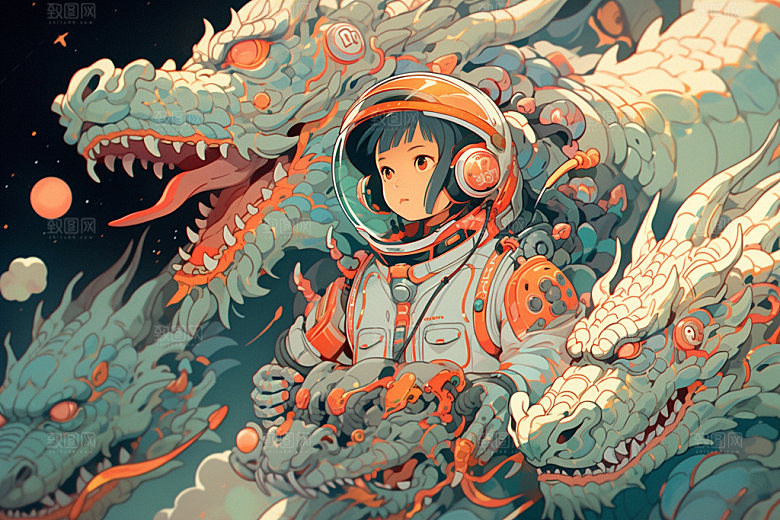 龙宇航员十二生肖赛博朋克插画