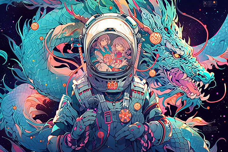 龙宇航员卡通春节插画