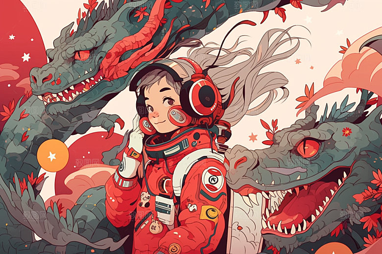 龙宇航员科技国潮风插画