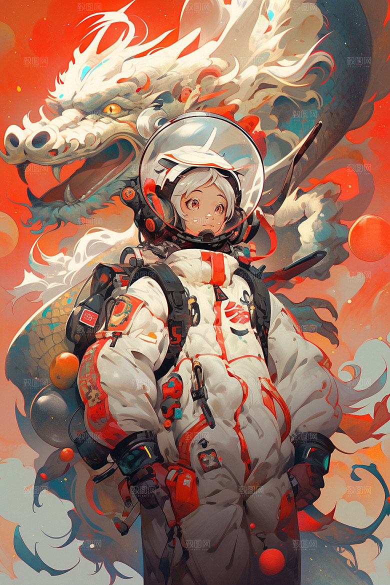 龙宇航员手绘卡通插画