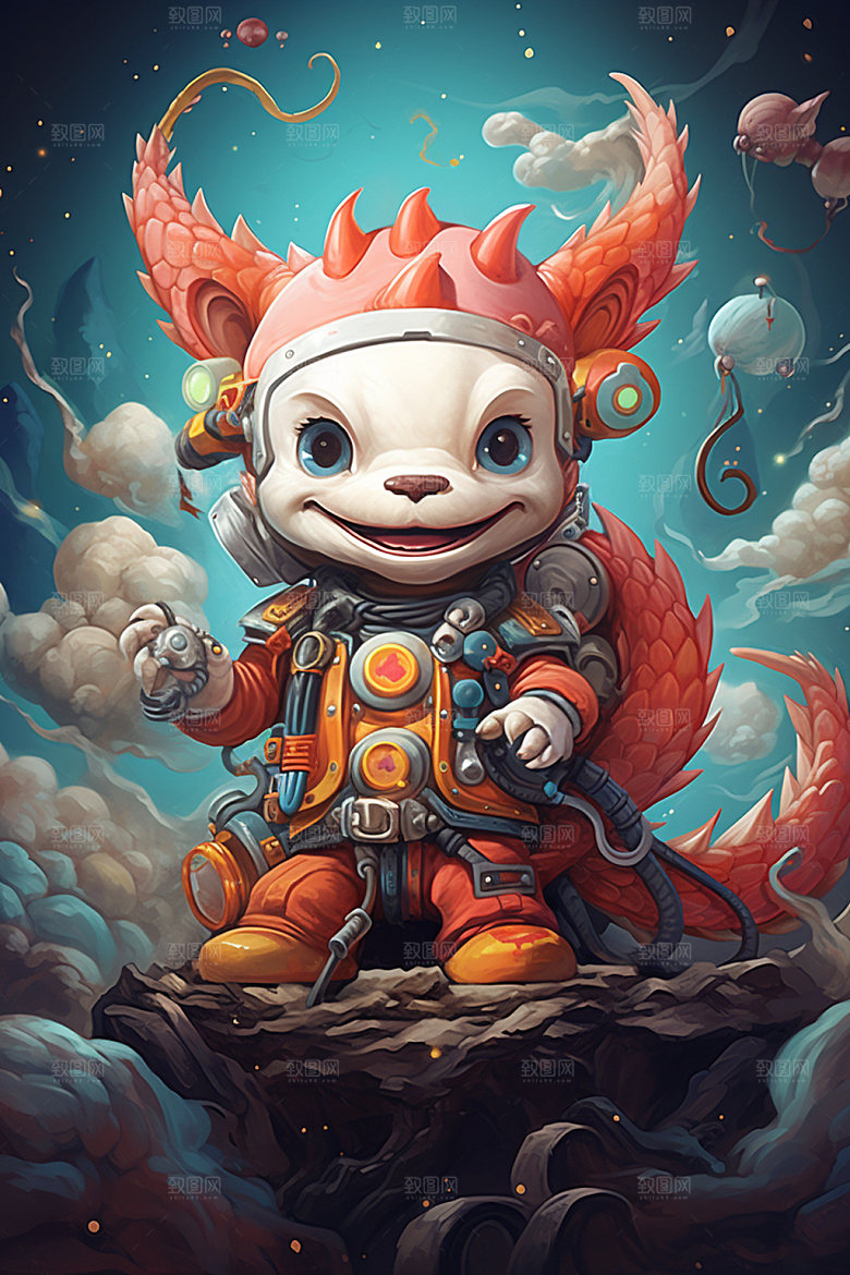 龙宇航员手绘潮流插画