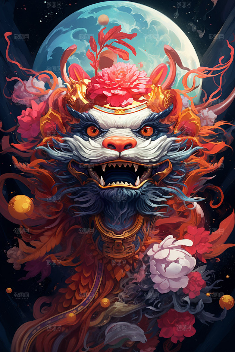 龙宇航员手绘中国风插画