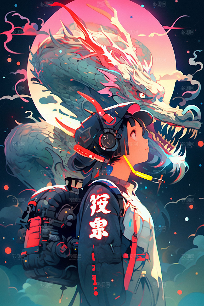 龙宇航员十二生肖龙年插画