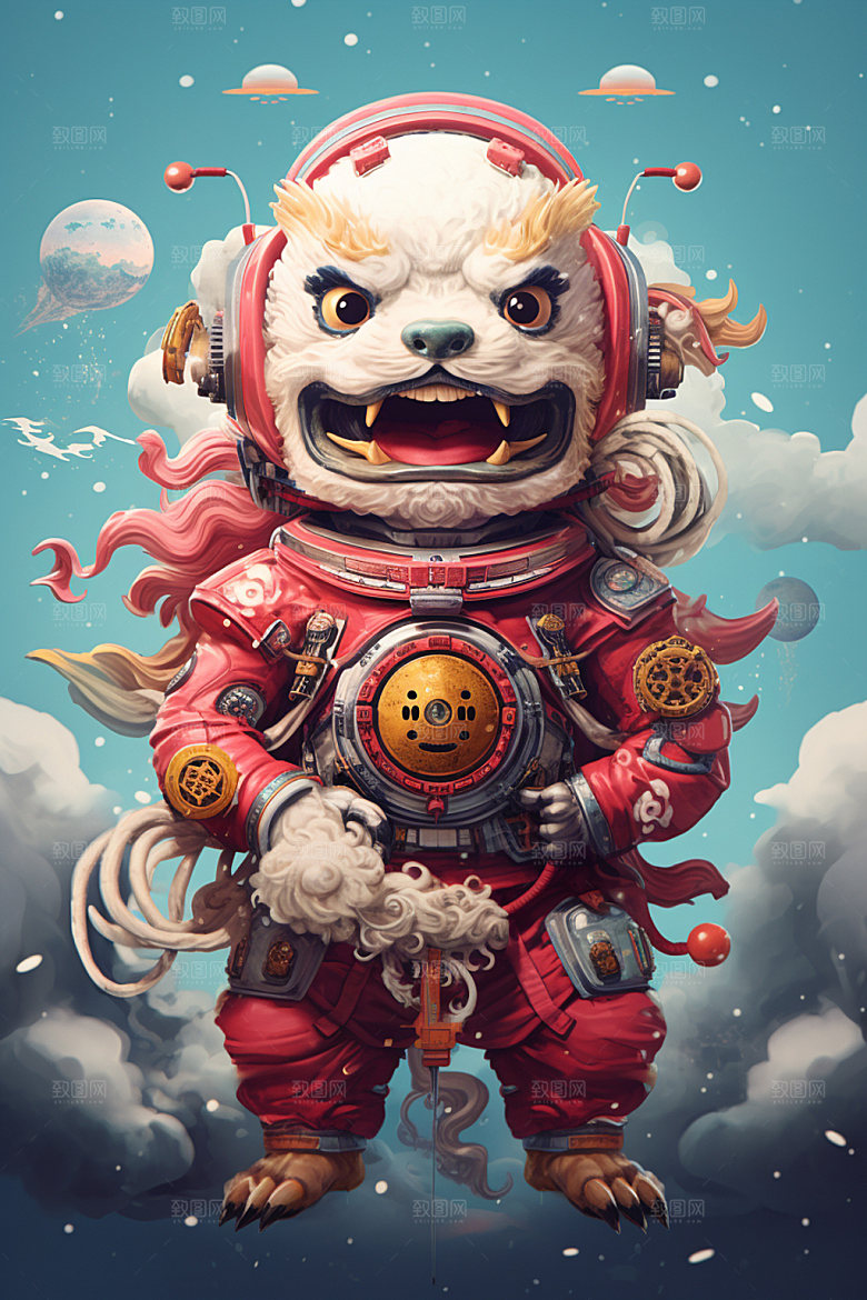 龙宇航员航空卡通插画