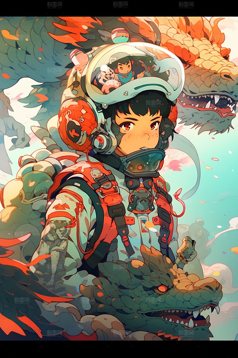 龙宇航员航空卡通插画