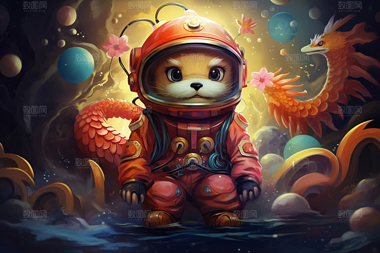 龙宇航员科技手绘插画