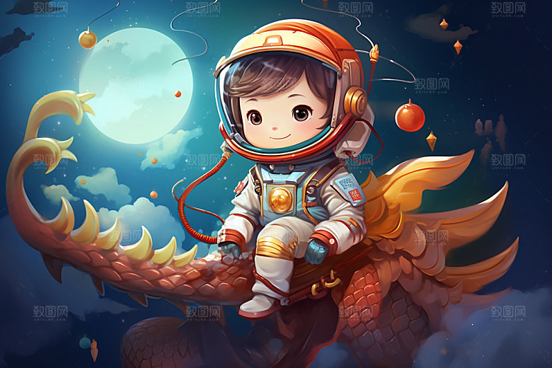 龙宇航员航空国潮风插画