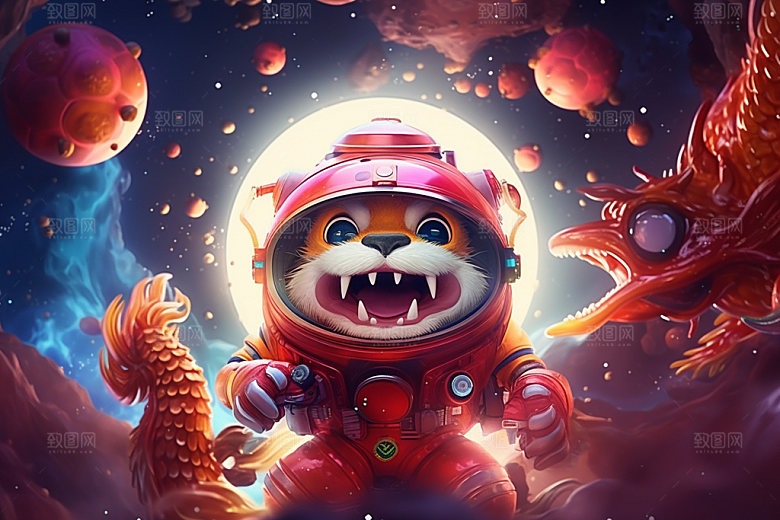 龙宇航员龙年赛博朋克插画
