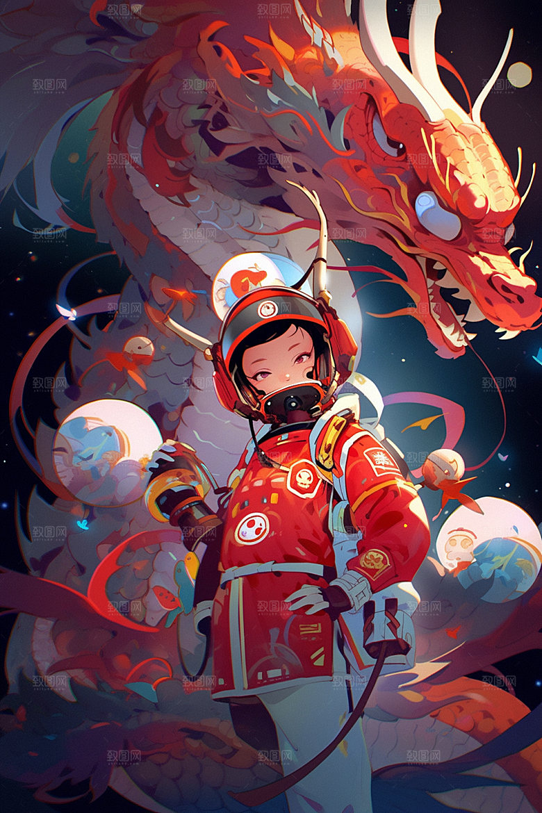 龙宇航员航空十二生肖插画