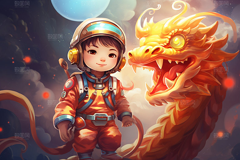 龙宇航员卡通龙年插画