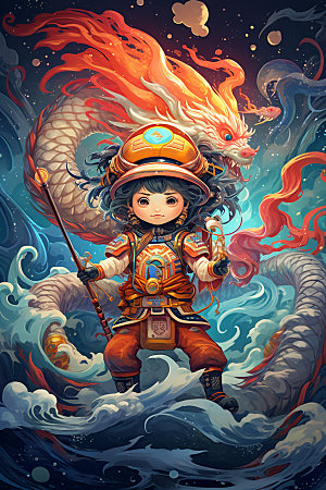 龙宇航员中国风手绘插画