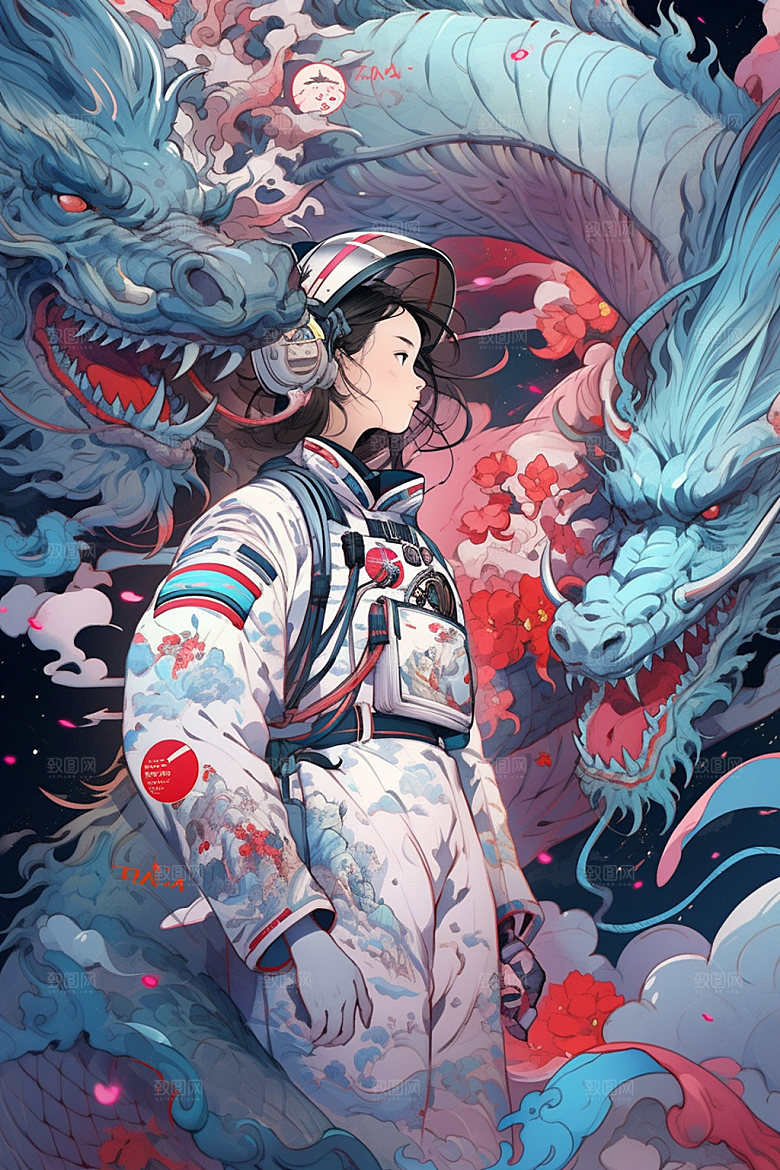龙宇航员帅气春节插画