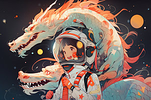 龙宇航员中国风国潮风插画
