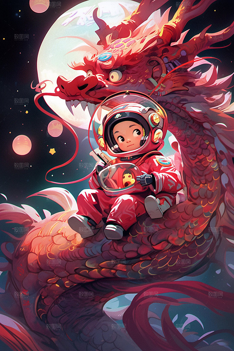 龙宇航员十二生肖国潮风插画