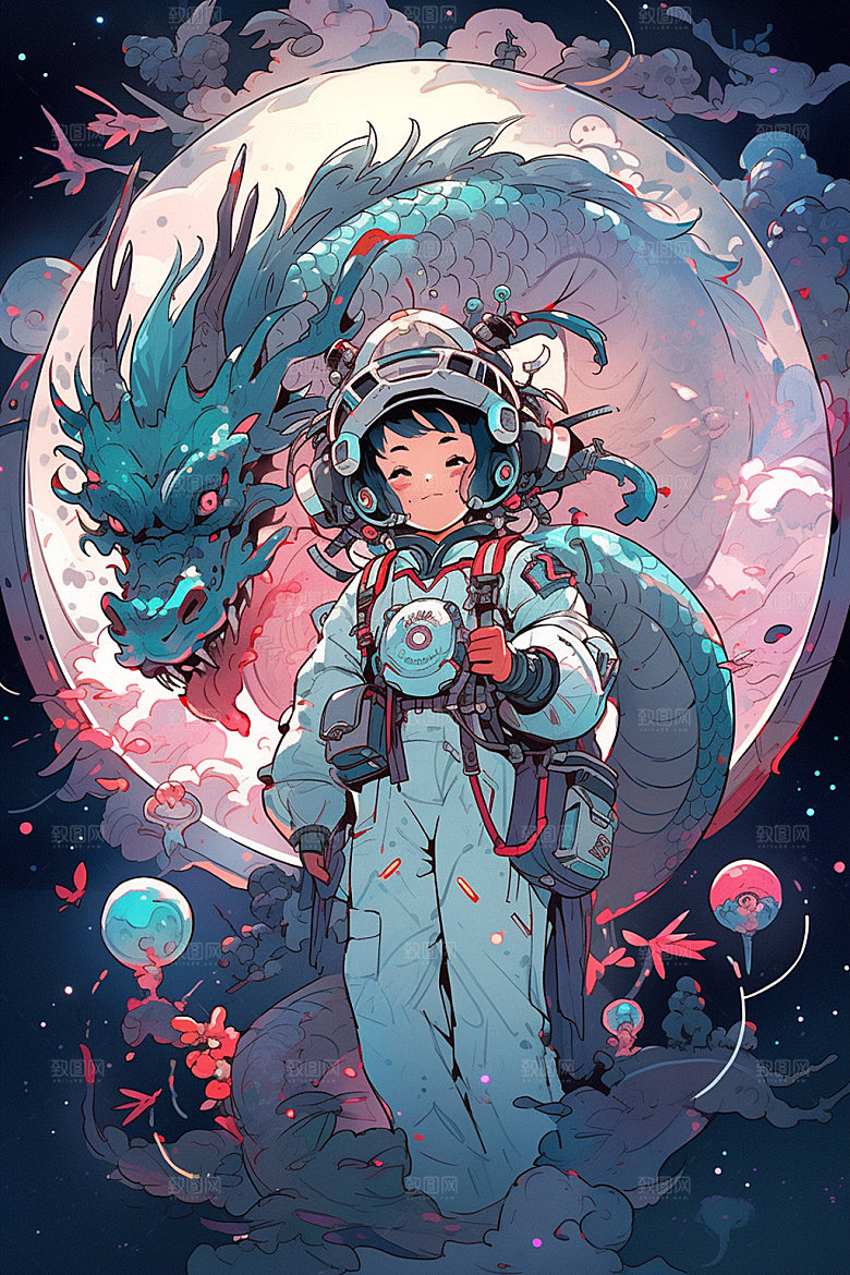 龙宇航员赛博朋克手绘插画