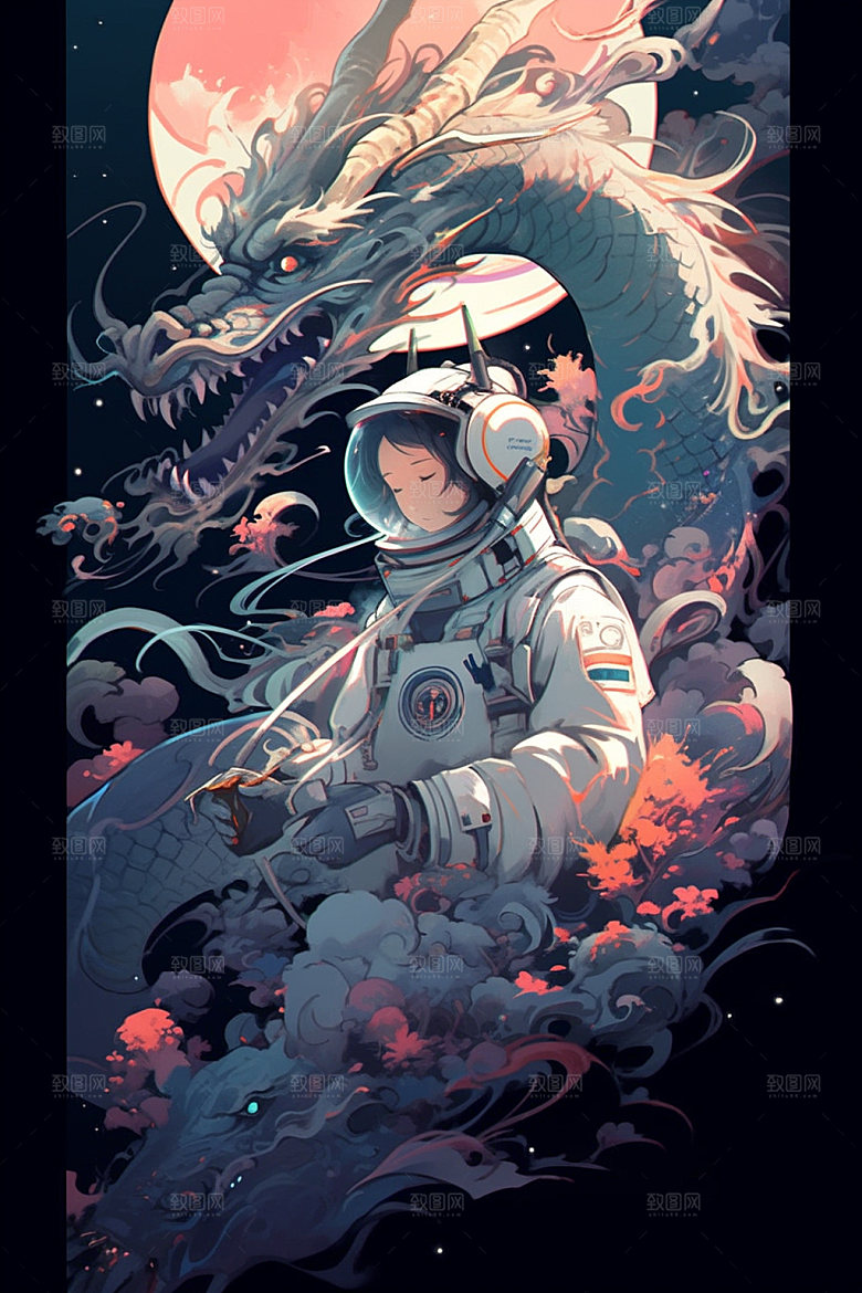 龙宇航员中国风龙年插画