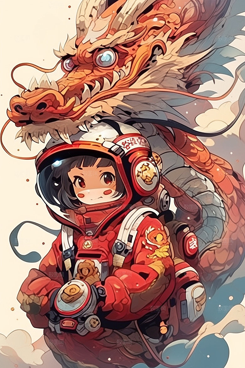 龙宇航员卡通中国风插画