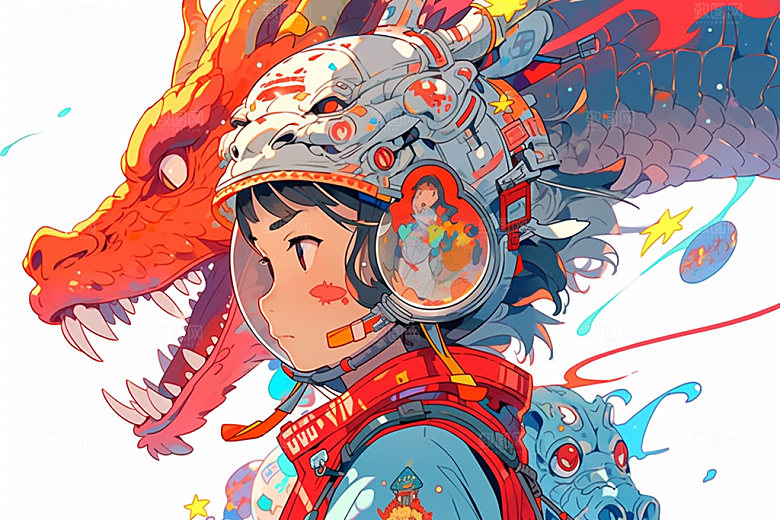 龙宇航员手绘潮流插画