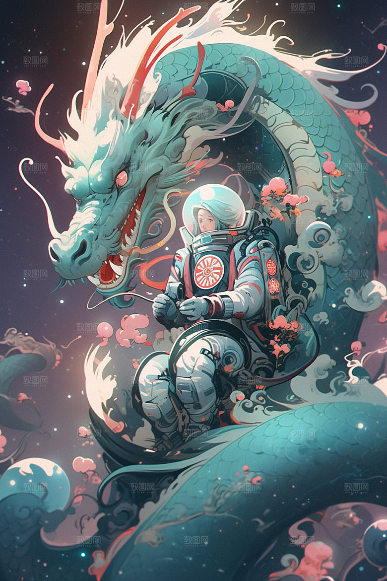 龙宇航员卡通手绘插画