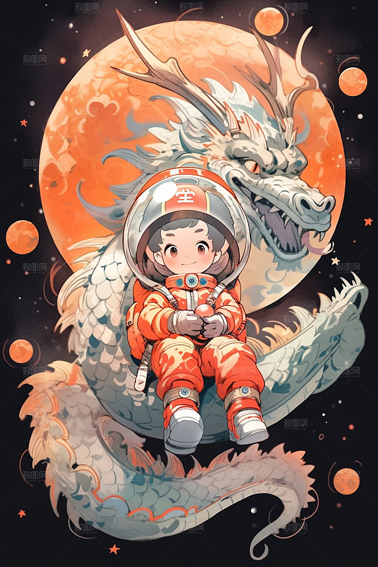 龙宇航员科技国潮风插画