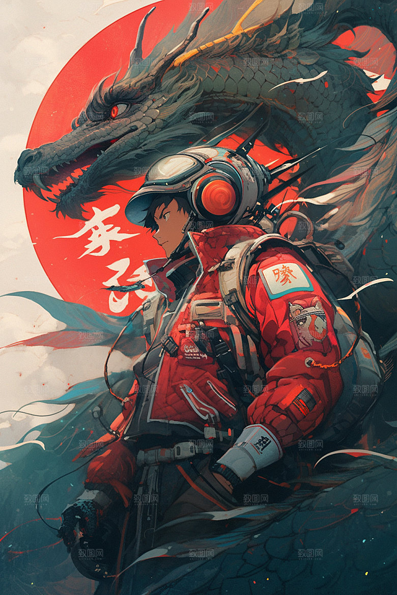 龙宇航员手绘春节插画