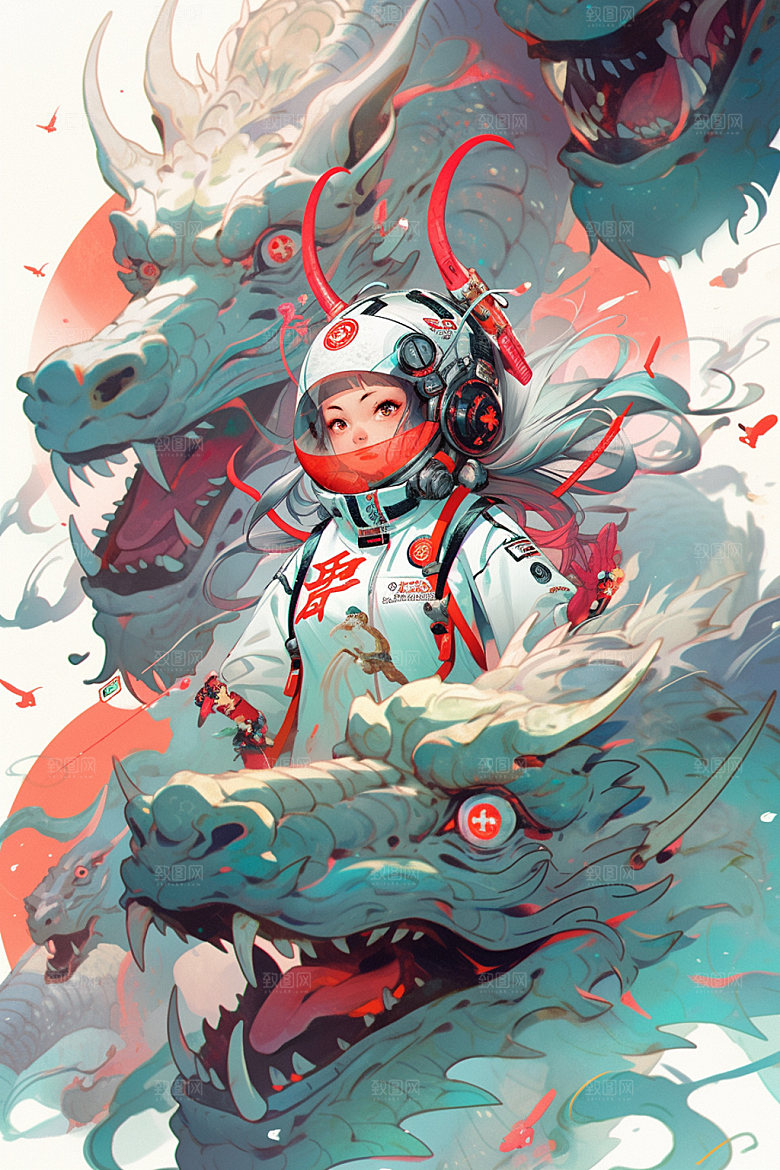 龙宇航员帅气手绘插画