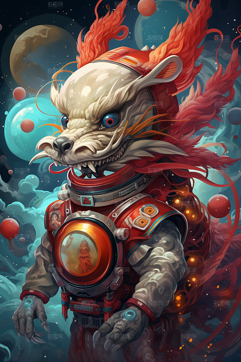 龙宇航员手绘国潮风插画