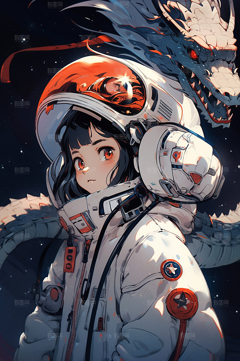 龙宇航员手绘龙年插画