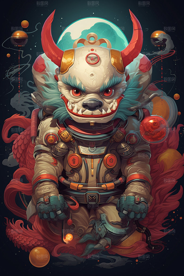 龙宇航员卡通时尚插画