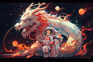 龙宇航员手绘科技插画