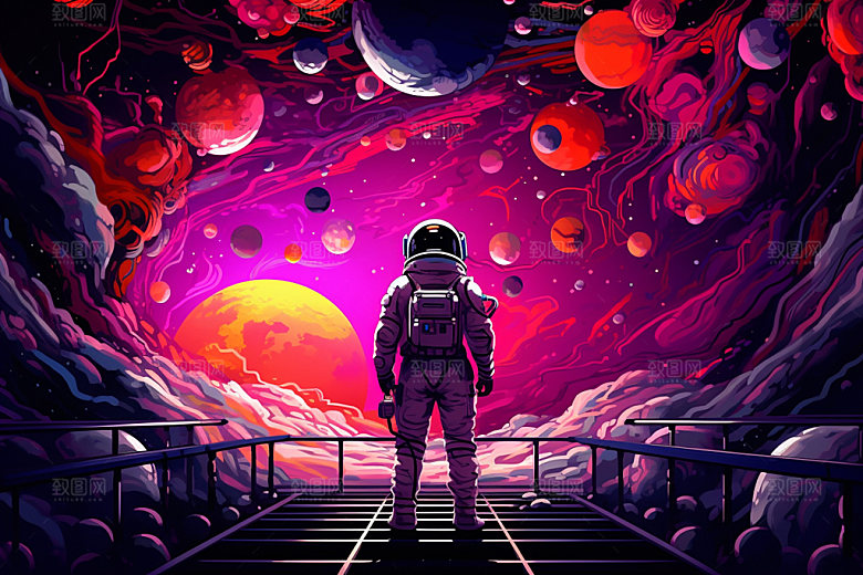 宇航员彩色手绘插画