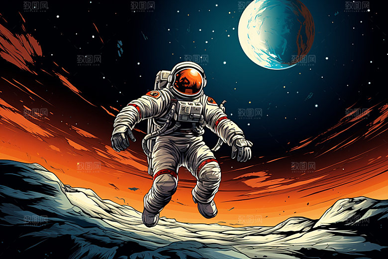 宇航员宇宙美式漫画风插画