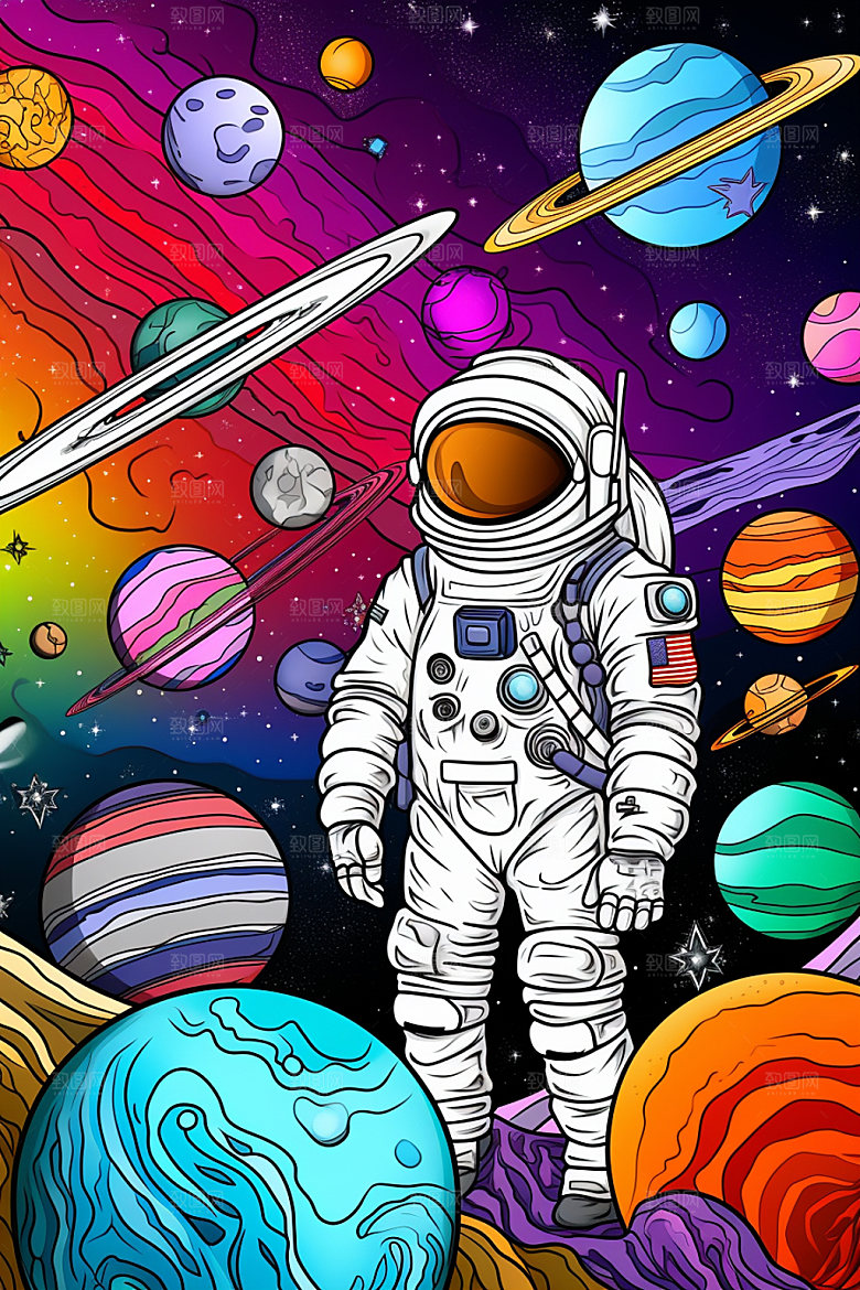 宇航员撞色手绘插画