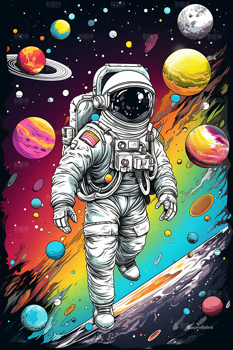 宇航员炫彩彩色插画