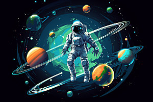 宇航员手绘炫彩插画