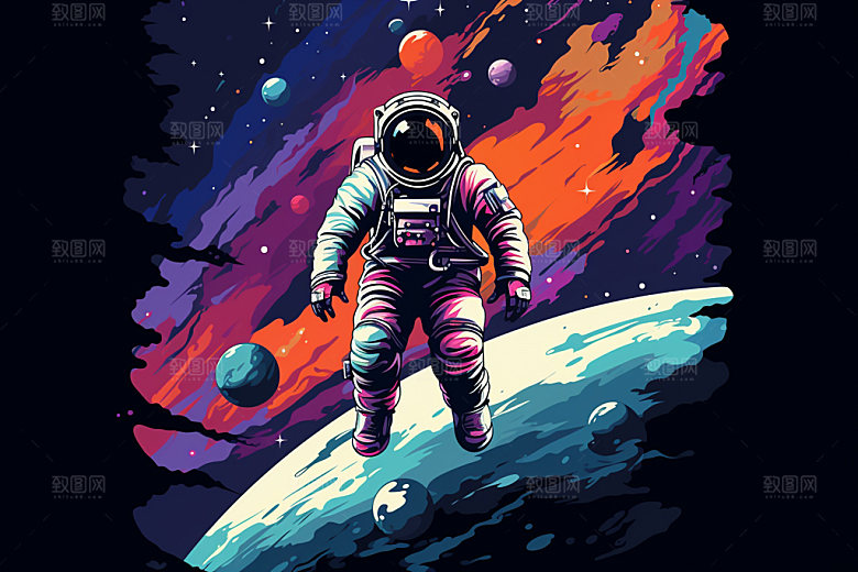 宇航员手绘幻想插画