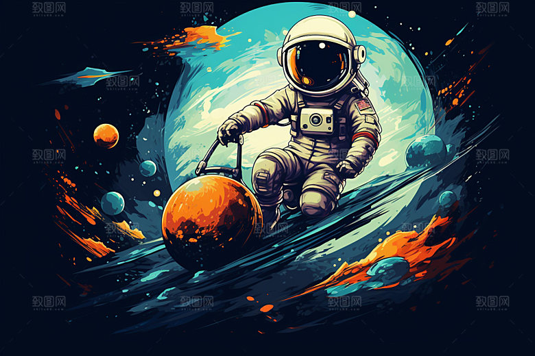 宇航员美式漫画风宇宙插画