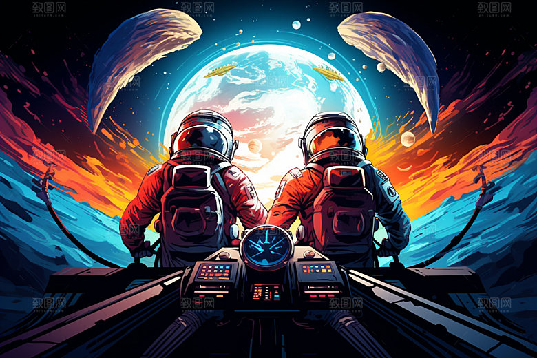 宇航员宇宙美式漫画风插画