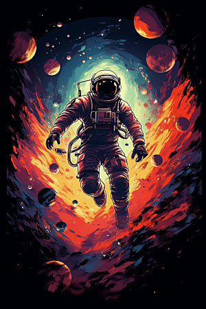 宇航员彩色手绘插画