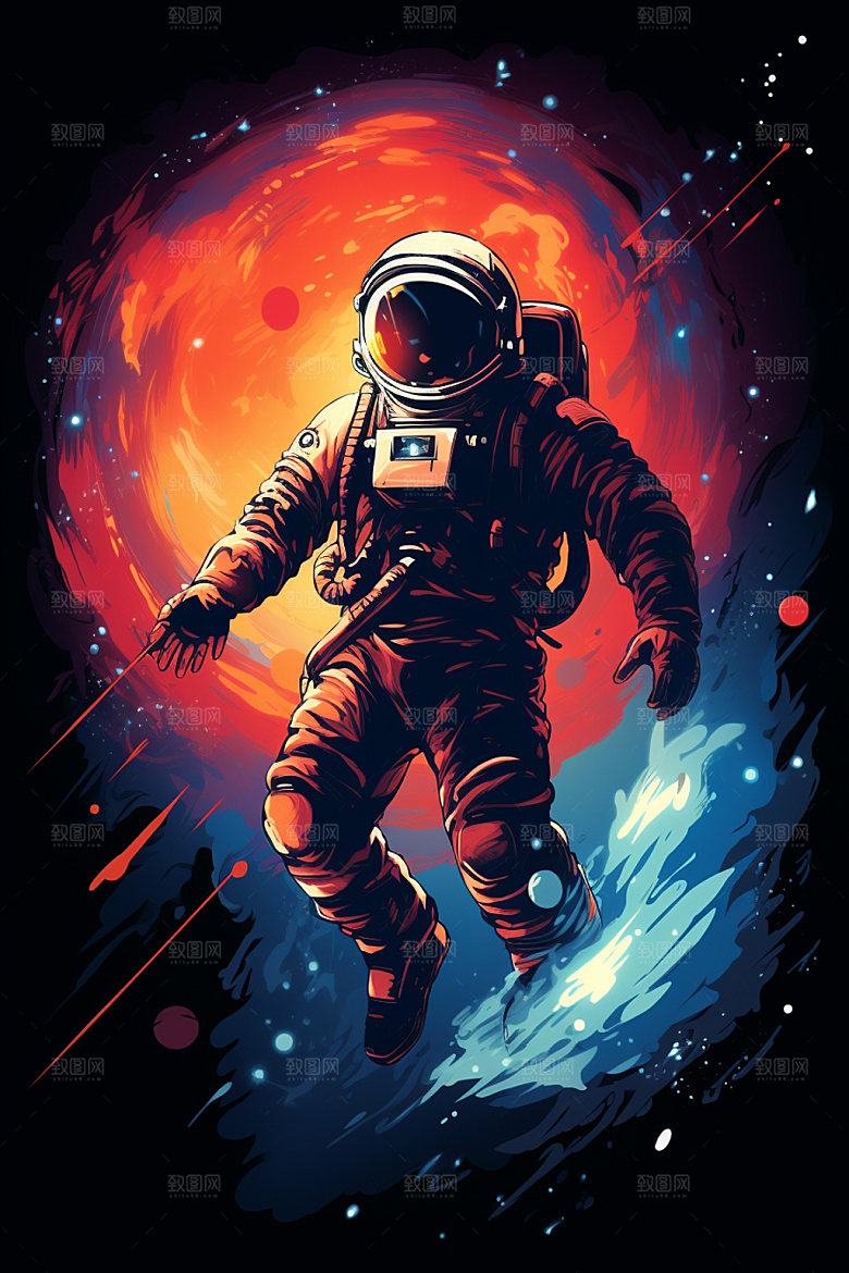 宇航员太空美式漫画风插画