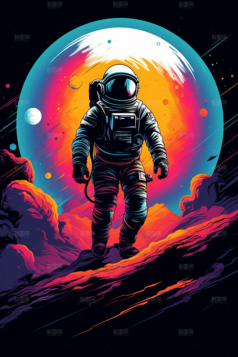 宇航员炫彩手绘插画
