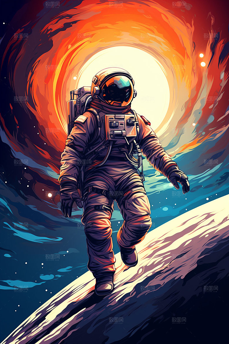 宇航员彩色太空插画