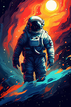 宇航员手绘幻想插画