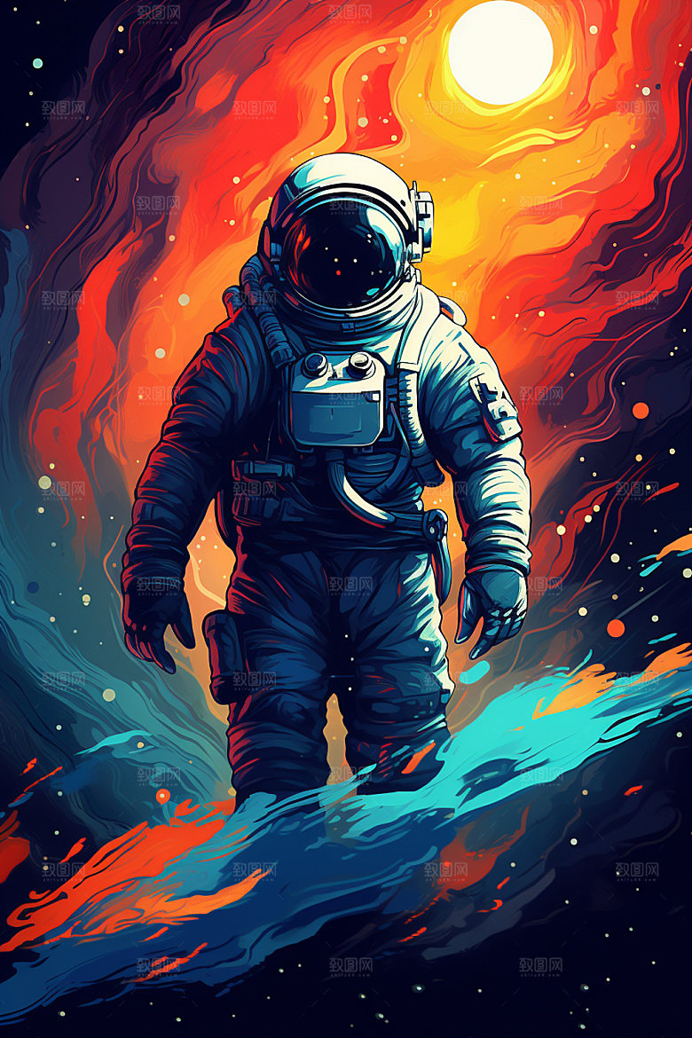 宇航员手绘幻想插画