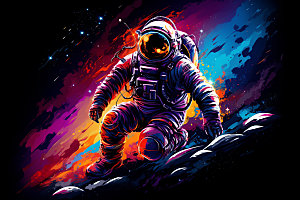 宇航员手绘撞色插画