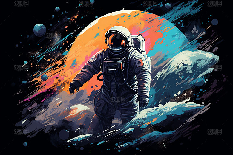 宇航员太空撞色插画