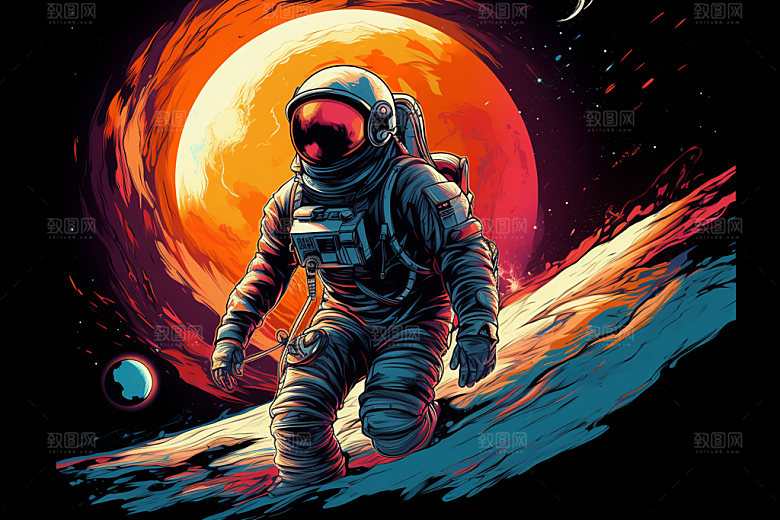 宇航员彩色太空插画